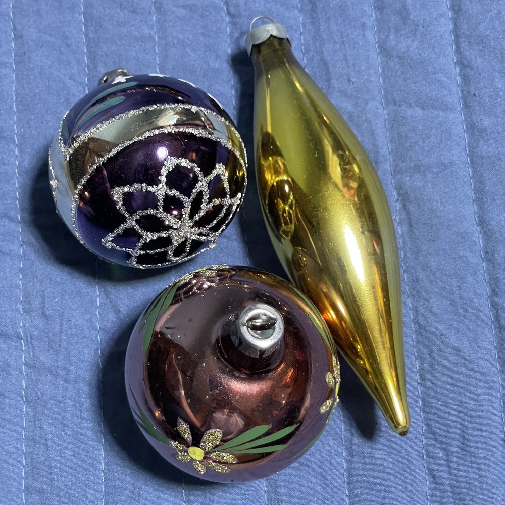 Vtg Mercury Glass Christmas Ornaments Glitter Teardrop‎ Round Floral Lot #2 3pc